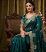 Teal Color Embroidery And Sequance Work Satin Saree
