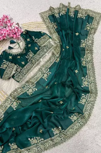 Teal Color Embroidery And Sequance Work Satin Saree