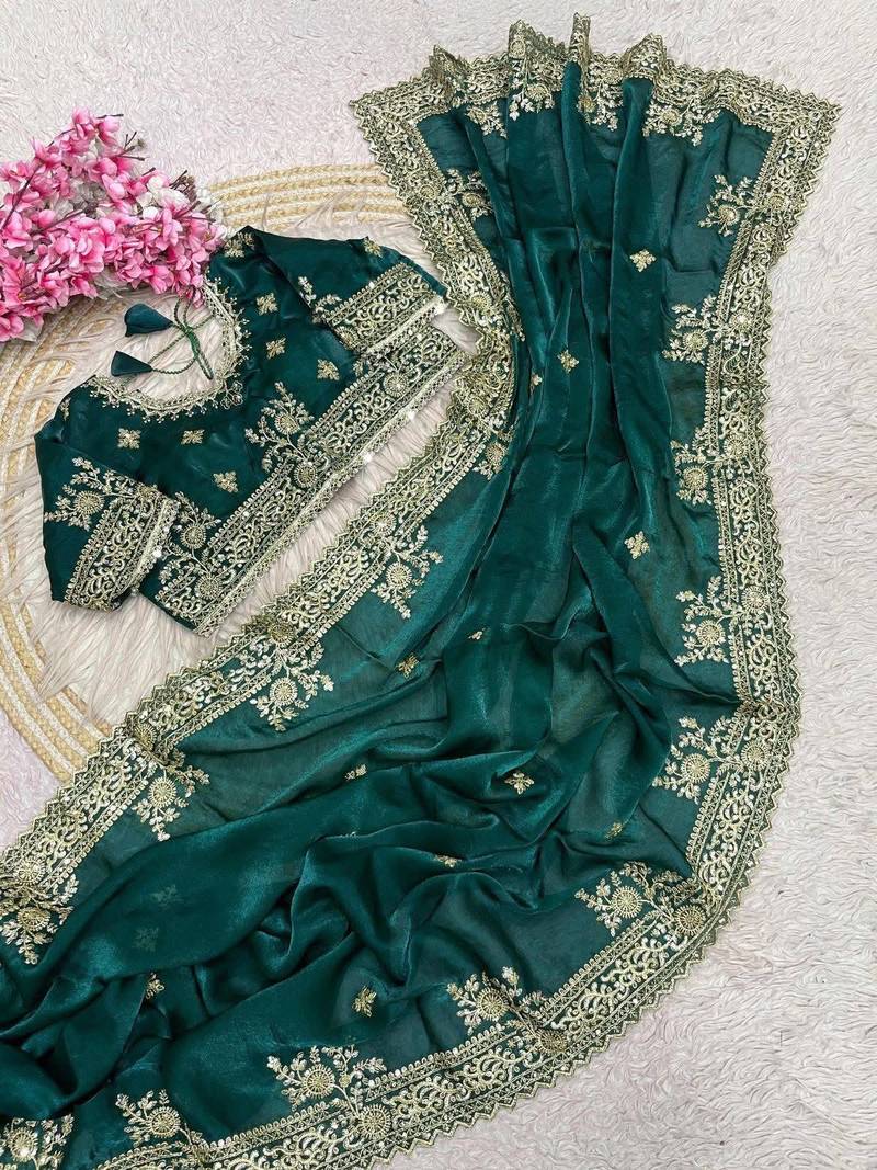 Teal Color Embroidery And Sequance Work Satin Saree