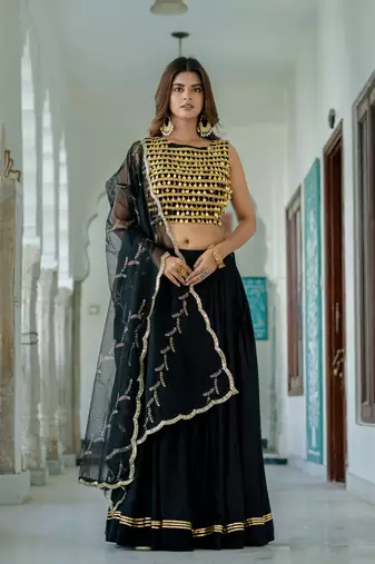 Black Rayon Navratri Lehenga Choli Set with Net Dupatta