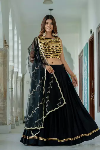 Black Rayon Navratri Lehenga Choli Set with Net Dupatta