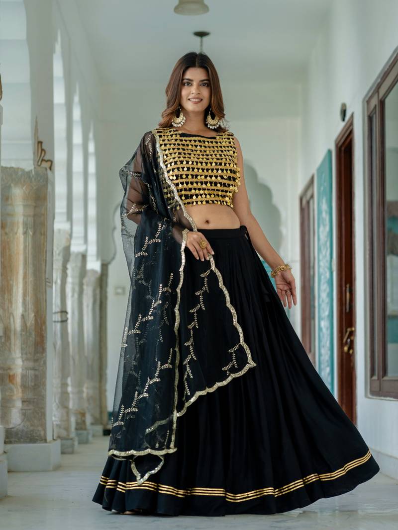 Black Rayon Navratri Lehenga Choli Set with Net Dupatta
