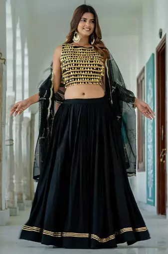 Black Rayon Navratri Lehenga Choli Set with Net Dupatta