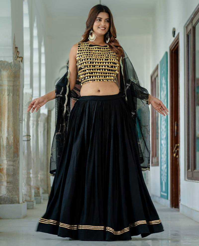 Black Rayon Navratri Lehenga Choli Set with Net Dupatta