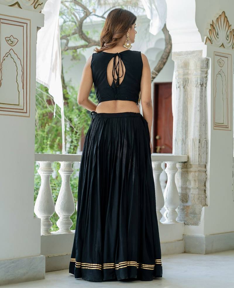 Black Rayon Navratri Lehenga Choli Set with Net Dupatta