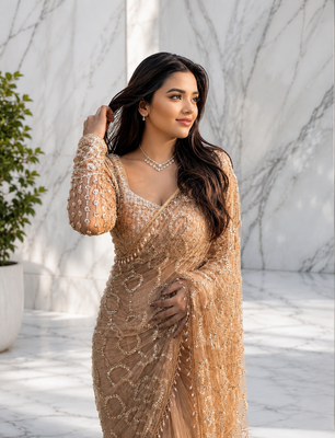 Beige color sequins and Beads Embroidery Work with fancy latkan net saree 1