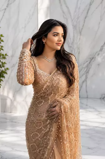 Beige color sequins and Beads Embroidery Work with fancy latkan net saree