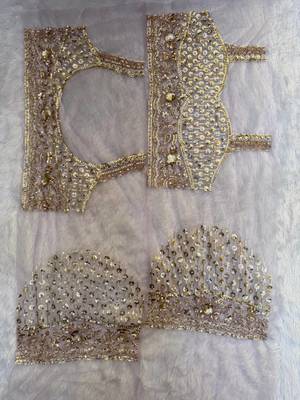 Beige color sequins and Beads Embroidery Work with fancy latkan net saree 5