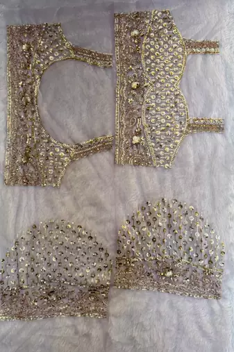 Beige color sequins and Beads Embroidery Work with fancy latkan net saree