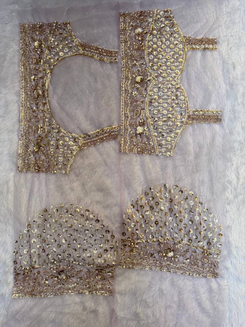 Beige color sequins and Beads Embroidery Work with fancy latkan net saree