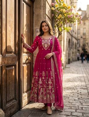 rani pink color embroidery sequin work georgette gown set 1
