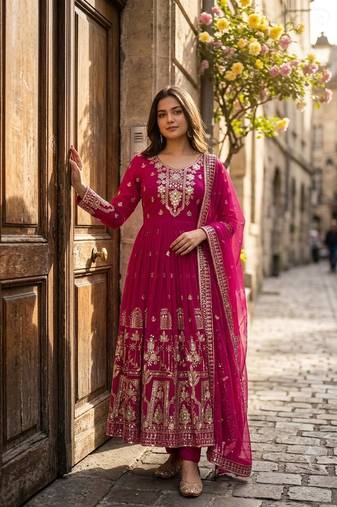 rani pink color embroidery sequin work georgette gown set