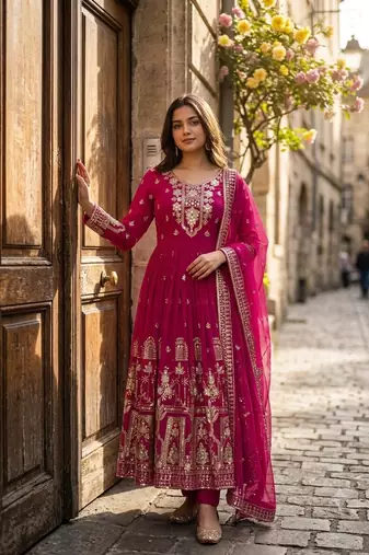 rani pink color embroidery sequin work georgette gown set