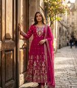 rani pink color embroidery sequin work georgette gown set