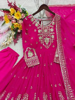 rani pink color embroidery sequin work georgette gown set 2