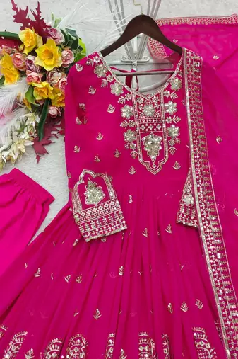 rani pink color embroidery sequin work georgette gown set