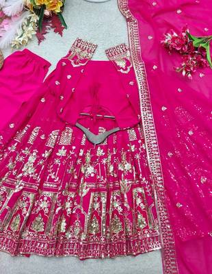 rani pink color embroidery sequin work georgette gown set 3