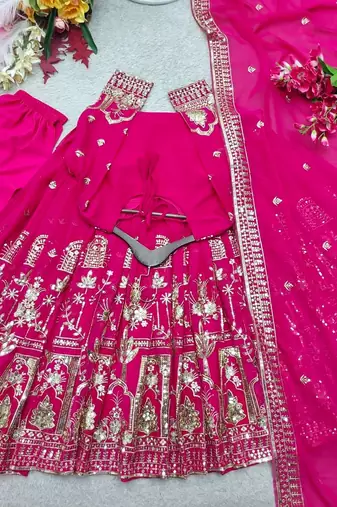 rani pink color embroidery sequin work georgette gown set
