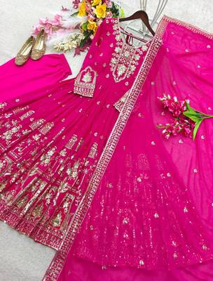 rani pink color embroidery sequin work georgette gown set 4