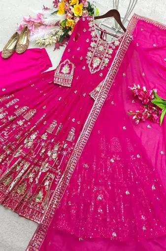 rani pink color embroidery sequin work georgette gown set
