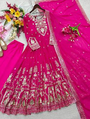 rani pink color embroidery sequin work georgette gown set 5