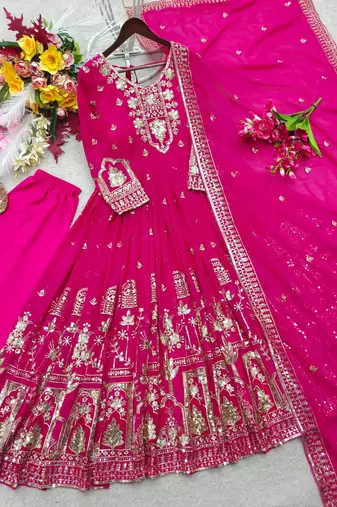 rani pink color embroidery sequin work georgette gown set