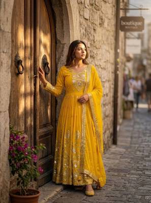yellow color embroidery sequin work georgette gown set 1