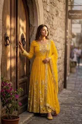 yellow color embroidery sequin work georgette gown set
