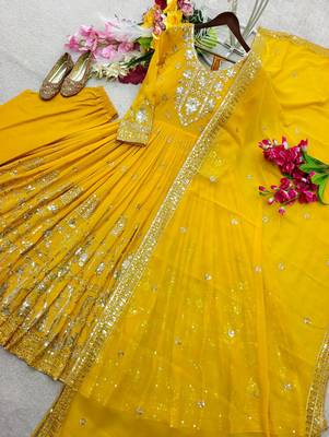 yellow color embroidery sequin work georgette gown set 2