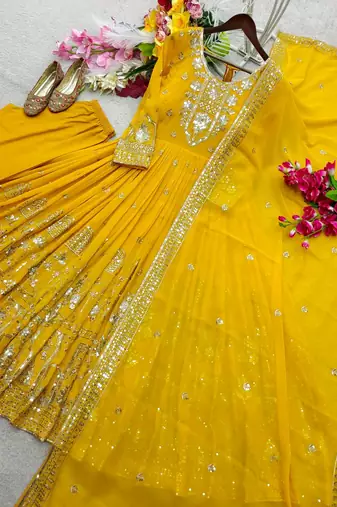 yellow color embroidery sequin work georgette gown set