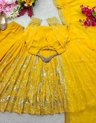 yellow color embroidery sequin work georgette gown set 3
