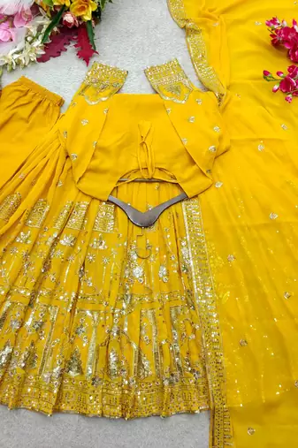 yellow color embroidery sequin work georgette gown set