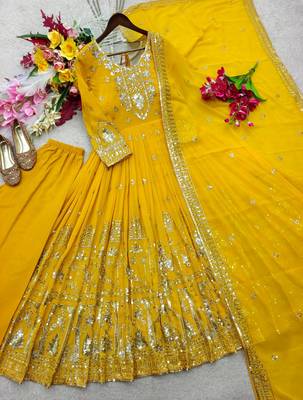 yellow color embroidery sequin work georgette gown set 4