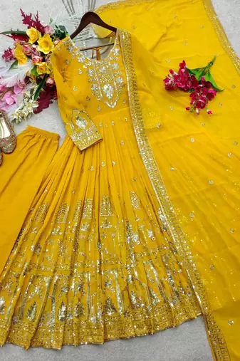 yellow color embroidery sequin work georgette gown set