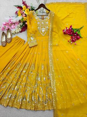 yellow color embroidery sequin work georgette gown set 5