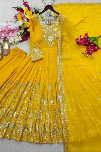 yellow color embroidery sequin work georgette gown set