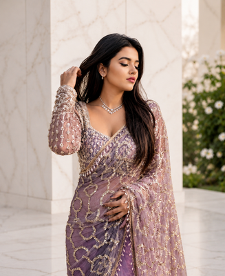 lavender color sequins and Beads Embroidery Work with fancy latkan net saree 1