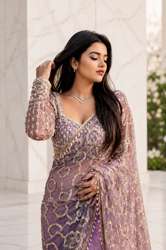 lavender color sequins and Beads Embroidery Work with fancy latkan net saree