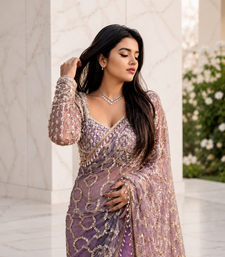 lavender color sequins and Beads Embroidery Work with fancy latkan net saree