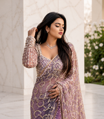 lavender color sequins and Beads Embroidery Work with fancy latkan net saree