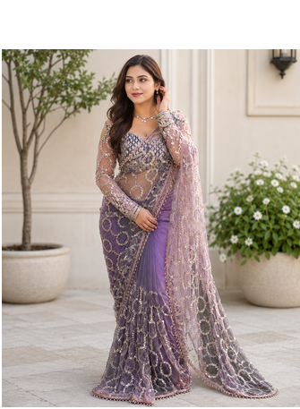 lavender color sequins and Beads Embroidery Work with fancy latkan net saree 2