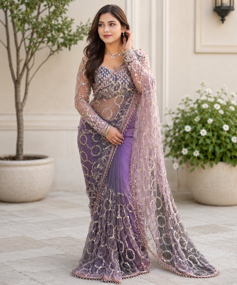lavender color sequins and Beads Embroidery Work with fancy latkan net saree
