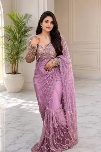 light pink color sequins and Beads Embroidery Work with fancy latkan net saree