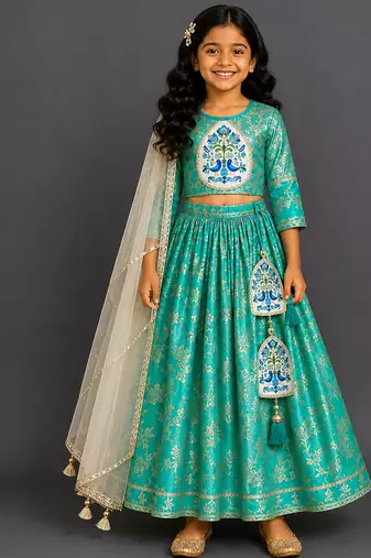Blue printed cotton silk lehenga set