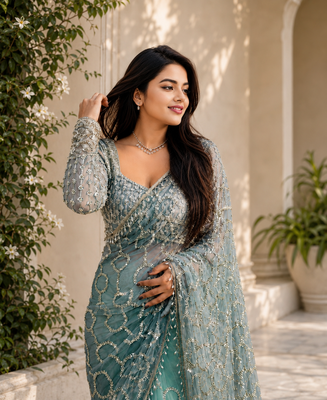 Sea Green color sequins and Beads Embroidery Work with fancy latkan net saree 1