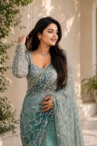 Sea Green color sequins and Beads Embroidery Work with fancy latkan net saree