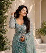 Sea Green color sequins and Beads Embroidery Work with fancy latkan net saree