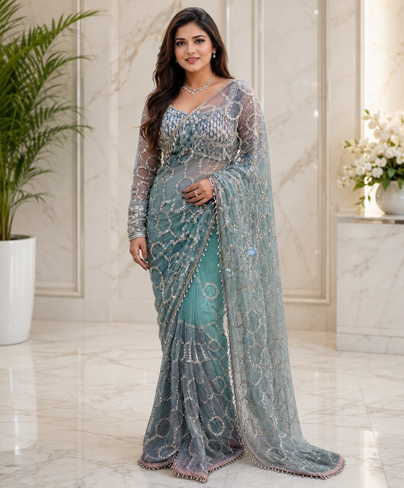 Sea Green color sequins and Beads Embroidery Work with fancy latkan net saree
