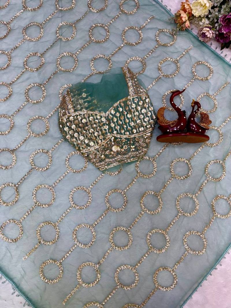 Sea Green color sequins and Beads Embroidery Work with fancy latkan net saree