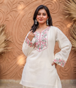 Women off white & pink floral embroidered farshi salwar suit set
